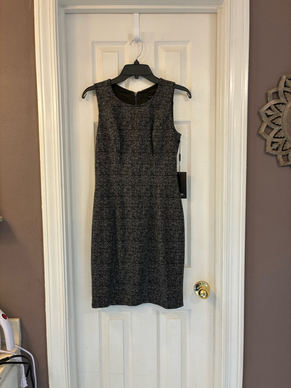 White House Black Market Black and Gray Tweed Midi Sheath Dress